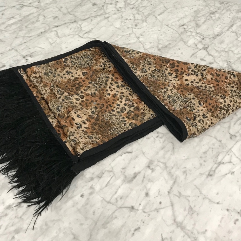 Table Runner Brown Animal Print Sequin Black Ostrich Fringe